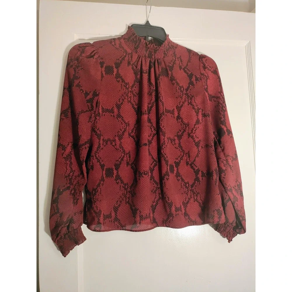 Banana Republic Small Red Black Snake Print Smocked Mock Neck Blouse Puff Sleeve